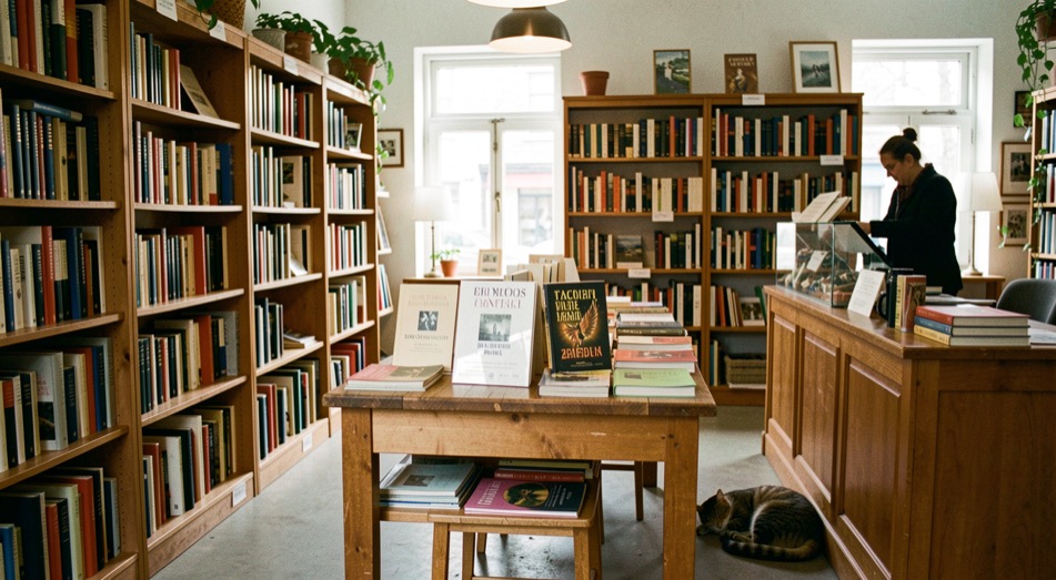 Interno di una libreria indipendente con scaffali alti di legno, tavolo centrale di segnalazioni e un gatto addormentato vicino alla cassa